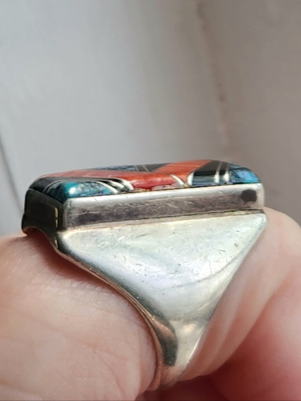 VINTAGE NAVAJO STERLING SILVER MENS RING WITH SPINY OYSTER, ONYX TURQOUISE SZ 10 - Picture 12 of 12